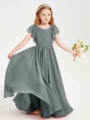 Chiffon Junior Bridesmaid Dresses with Lace Flutter Sleeves Steel Grey