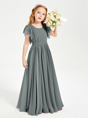 Chiffon Junior Bridesmaid Dresses with Lace Flutter Sleeves Steel Grey