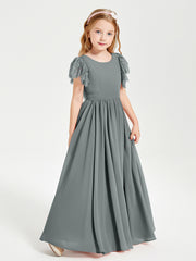 Chiffon Junior Bridesmaid Dresses with Lace Flutter Sleeves Steel Grey