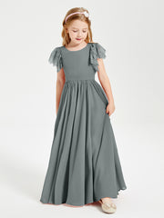 Chiffon Junior Bridesmaid Dresses with Lace Flutter Sleeves Steel Grey