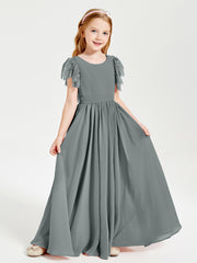 Chiffon Junior Bridesmaid Dresses with Lace Flutter Sleeves Steel Grey