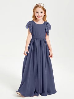 Chiffon Junior Bridesmaid Dresses with Lace Flutter Sleeves Stormy