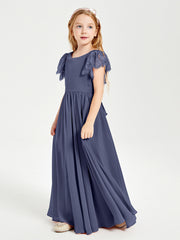 Chiffon Junior Bridesmaid Dresses with Lace Flutter Sleeves Stormy