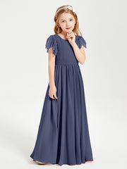 Chiffon Junior Bridesmaid Dresses with Lace Flutter Sleeves Stormy