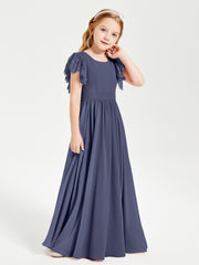 Chiffon Junior Bridesmaid Dresses with Lace Flutter Sleeves Stormy