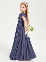 Chiffon Junior Bridesmaid Dresses with Lace Flutter Sleeves Stormy