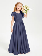 Chiffon Junior Bridesmaid Dresses with Lace Flutter Sleeves Stormy