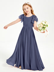 Chiffon Junior Bridesmaid Dresses with Lace Flutter Sleeves Stormy