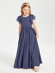 Chiffon Junior Bridesmaid Dresses with Lace Flutter Sleeves Stormy