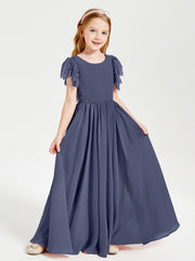 Chiffon Junior Bridesmaid Dresses with Lace Flutter Sleeves Stormy