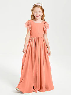 Chiffon Junior Bridesmaid Dresses with Lace Flutter Sleeves Sunset