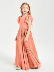 Chiffon Junior Bridesmaid Dresses with Lace Flutter Sleeves Sunset