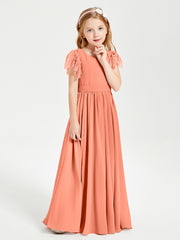 Chiffon Junior Bridesmaid Dresses with Lace Flutter Sleeves Sunset