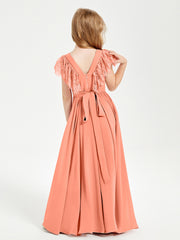 Chiffon Junior Bridesmaid Dresses with Lace Flutter Sleeves Sunset