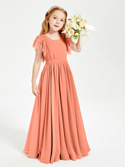 Chiffon Junior Bridesmaid Dresses with Lace Flutter Sleeves Sunset