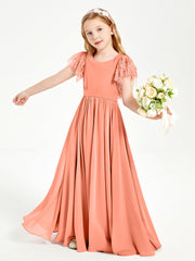 Chiffon Junior Bridesmaid Dresses with Lace Flutter Sleeves Sunset