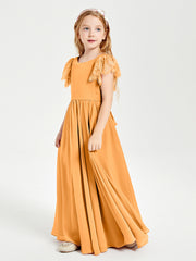 Chiffon Junior Bridesmaid Dresses with Lace Flutter Sleeves Tangerine