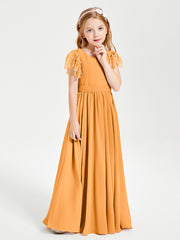 Chiffon Junior Bridesmaid Dresses with Lace Flutter Sleeves Tangerine