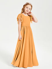 Chiffon Junior Bridesmaid Dresses with Lace Flutter Sleeves Tangerine