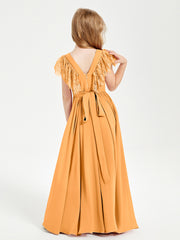 Chiffon Junior Bridesmaid Dresses with Lace Flutter Sleeves Tangerine