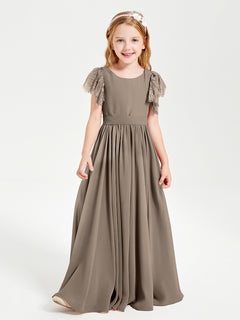 Chiffon Junior Bridesmaid Dresses with Lace Flutter Sleeves Taupe