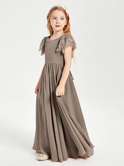 Chiffon Junior Bridesmaid Dresses with Lace Flutter Sleeves Taupe