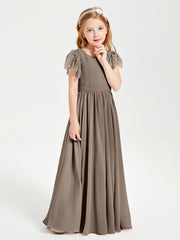 Chiffon Junior Bridesmaid Dresses with Lace Flutter Sleeves Taupe