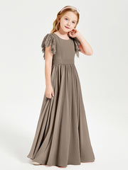 Chiffon Junior Bridesmaid Dresses with Lace Flutter Sleeves Taupe
