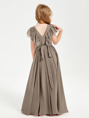 Chiffon Junior Bridesmaid Dresses with Lace Flutter Sleeves Taupe