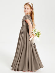Chiffon Junior Bridesmaid Dresses with Lace Flutter Sleeves Taupe
