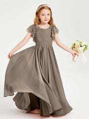 Chiffon Junior Bridesmaid Dresses with Lace Flutter Sleeves Taupe