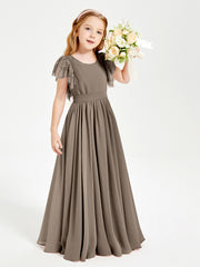 Chiffon Junior Bridesmaid Dresses with Lace Flutter Sleeves Taupe