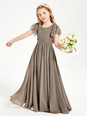 Chiffon Junior Bridesmaid Dresses with Lace Flutter Sleeves Taupe