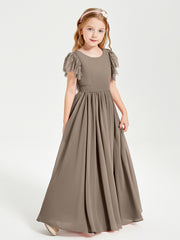 Chiffon Junior Bridesmaid Dresses with Lace Flutter Sleeves Taupe