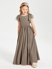Chiffon Junior Bridesmaid Dresses with Lace Flutter Sleeves Taupe