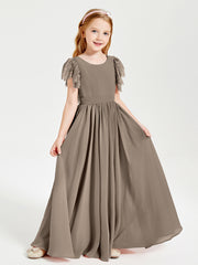 Chiffon Junior Bridesmaid Dresses with Lace Flutter Sleeves Taupe