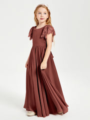 Chiffon Junior Bridesmaid Dresses with Lace Flutter Sleeves Terracotta