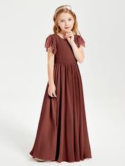 Chiffon Junior Bridesmaid Dresses with Lace Flutter Sleeves Terracotta
