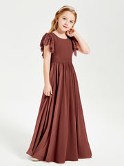 Chiffon Junior Bridesmaid Dresses with Lace Flutter Sleeves Terracotta