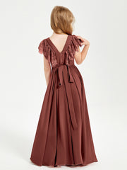 Chiffon Junior Bridesmaid Dresses with Lace Flutter Sleeves Terracotta