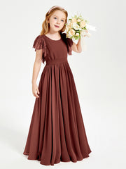 Chiffon Junior Bridesmaid Dresses with Lace Flutter Sleeves Terracotta