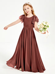 Chiffon Junior Bridesmaid Dresses with Lace Flutter Sleeves Terracotta