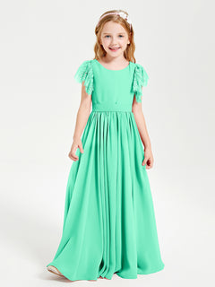 Chiffon Junior Bridesmaid Dresses with Lace Flutter Sleeves Turquoise