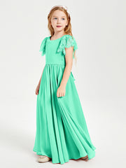 Chiffon Junior Bridesmaid Dresses with Lace Flutter Sleeves Turquoise