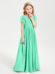 Chiffon Junior Bridesmaid Dresses with Lace Flutter Sleeves Turquoise