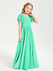 Chiffon Junior Bridesmaid Dresses with Lace Flutter Sleeves Turquoise