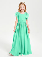 Chiffon Junior Bridesmaid Dresses with Lace Flutter Sleeves Turquoise