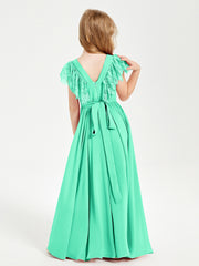 Chiffon Junior Bridesmaid Dresses with Lace Flutter Sleeves Turquoise