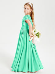 Chiffon Junior Bridesmaid Dresses with Lace Flutter Sleeves Turquoise