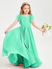 Chiffon Junior Bridesmaid Dresses with Lace Flutter Sleeves Turquoise